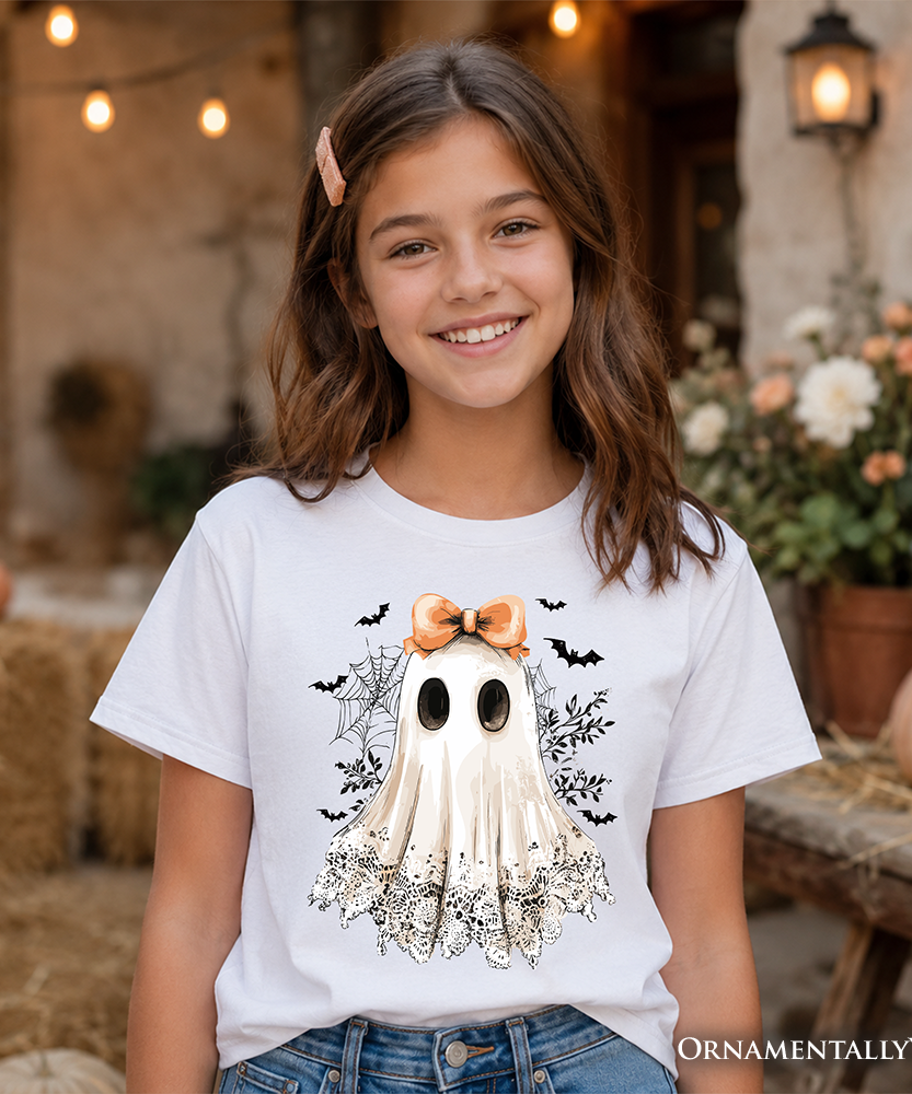 Kids Coquette Ghost T-Shirt, Cute Halloween Tee for Youth Girls