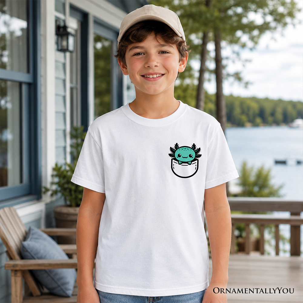 Kids Cute Pocket Blue Axolotl T-Shirt, Salamander Animal Tee for Youth - Grazingbelles