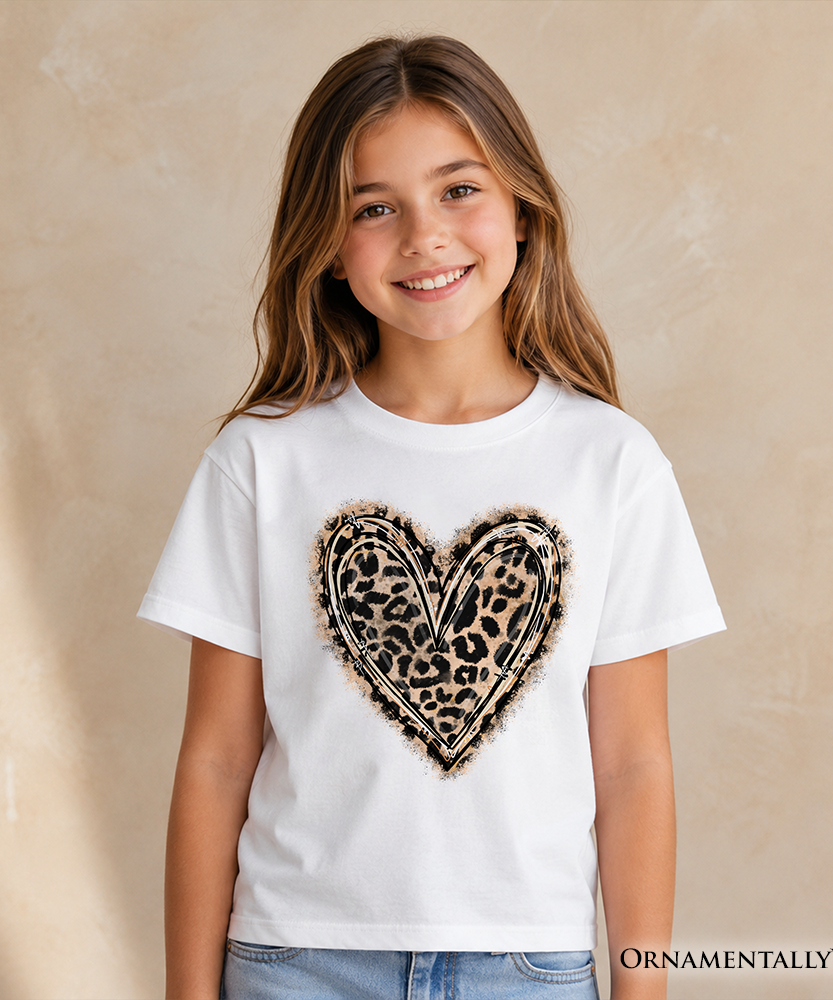 Kids Leopard Heart Valentine T-Shirt, Watercolor Love Tee for Youth