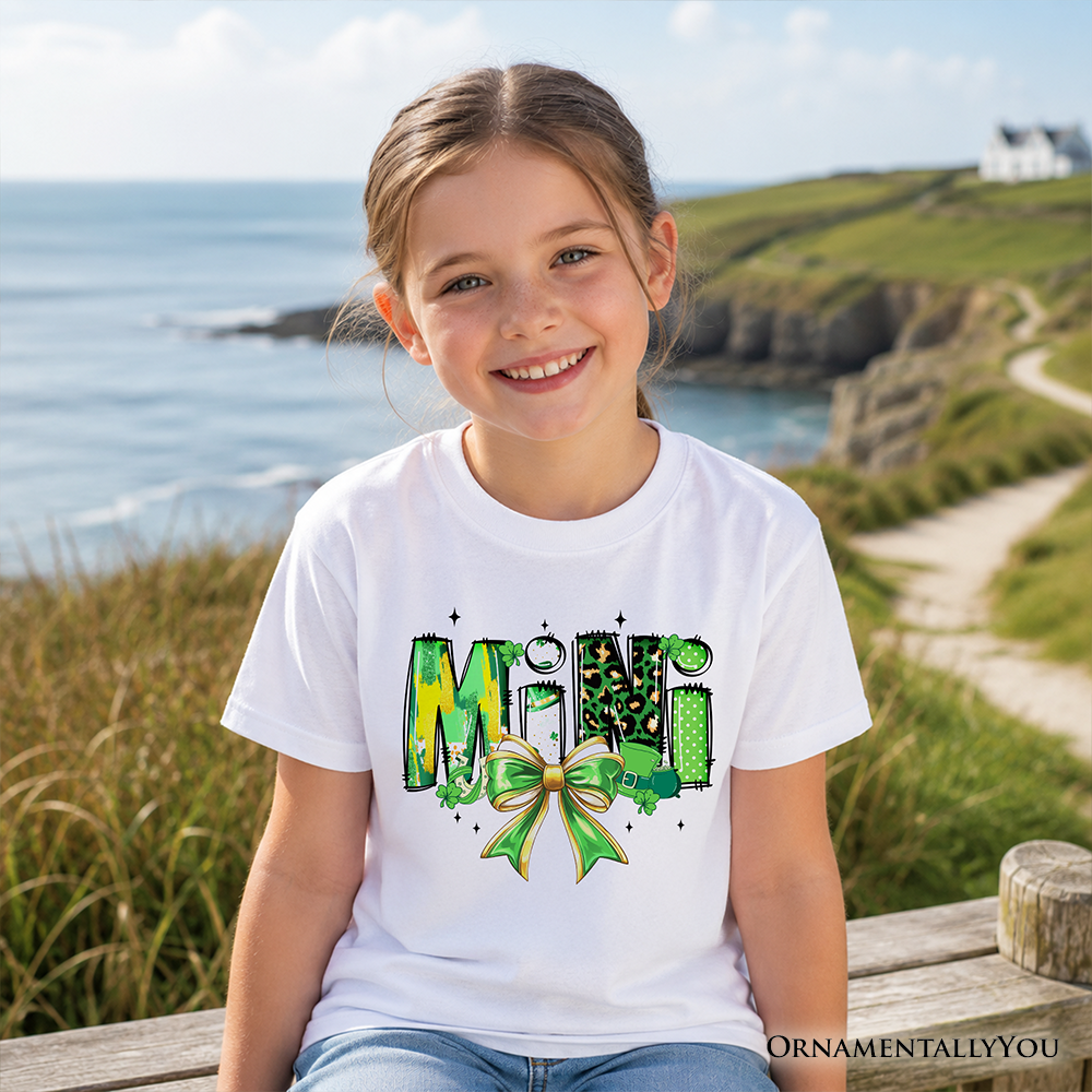 Kids Mini Clover Bow St Patrick's Day T-Shirt, Coquette Lucky Shamrock Clover Tee for Youth - Grazingbelles