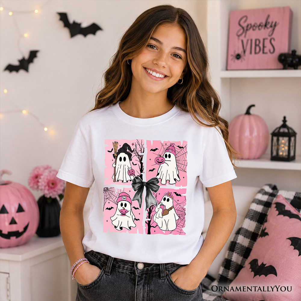 Kids Pink Halloween Ghost T-Shirt, Coquette Spooky Season Tee for Youth - Grazingbelles