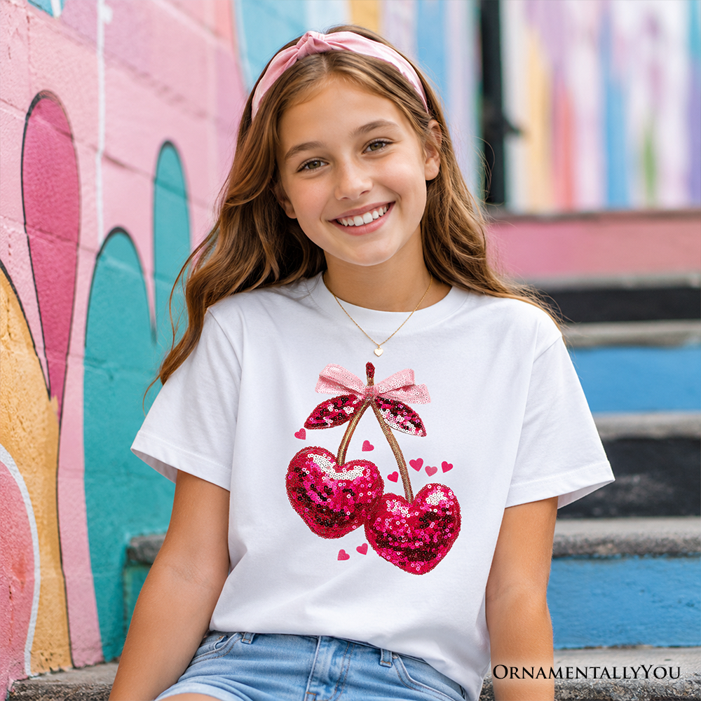 Kids Sequin Pink Cherry Heart Valentine T-Shirt, Mood for Love Coquette Tee for Youth Girls - Grazingbelles