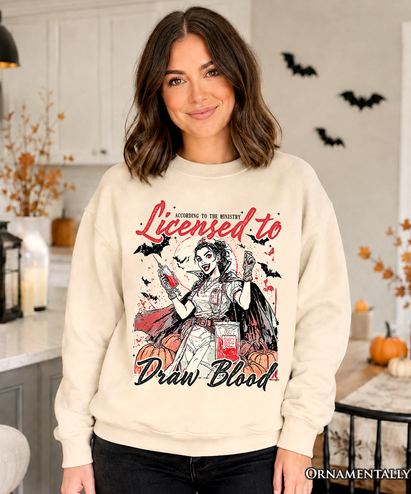 Licensed to Draw Blood Halloween Nurse Sweatshirt, Groovy Sweater for Spooky Season - Grazingbelles