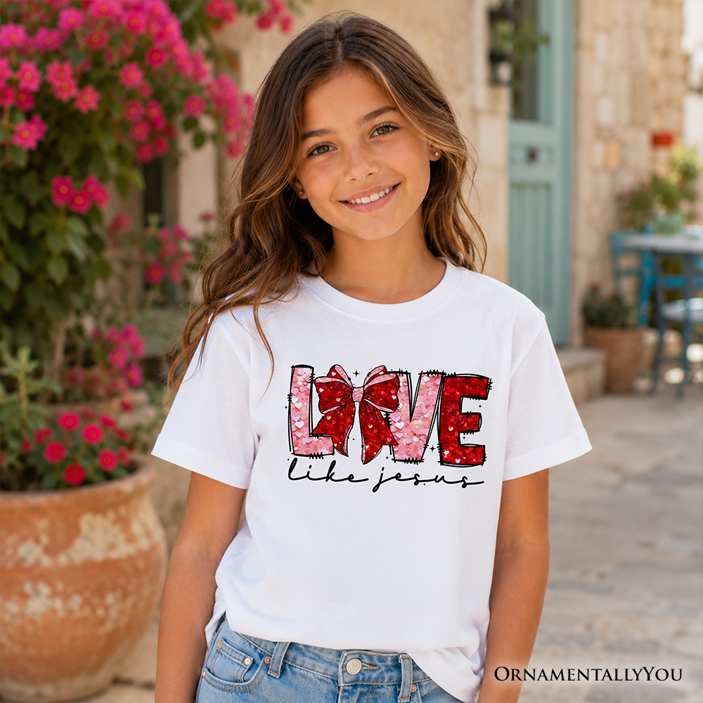 Love Like Jesus Kids Valentine T-Shirt, Coquette Bow Christian Hearts Tee for Youth - Grazingbelles