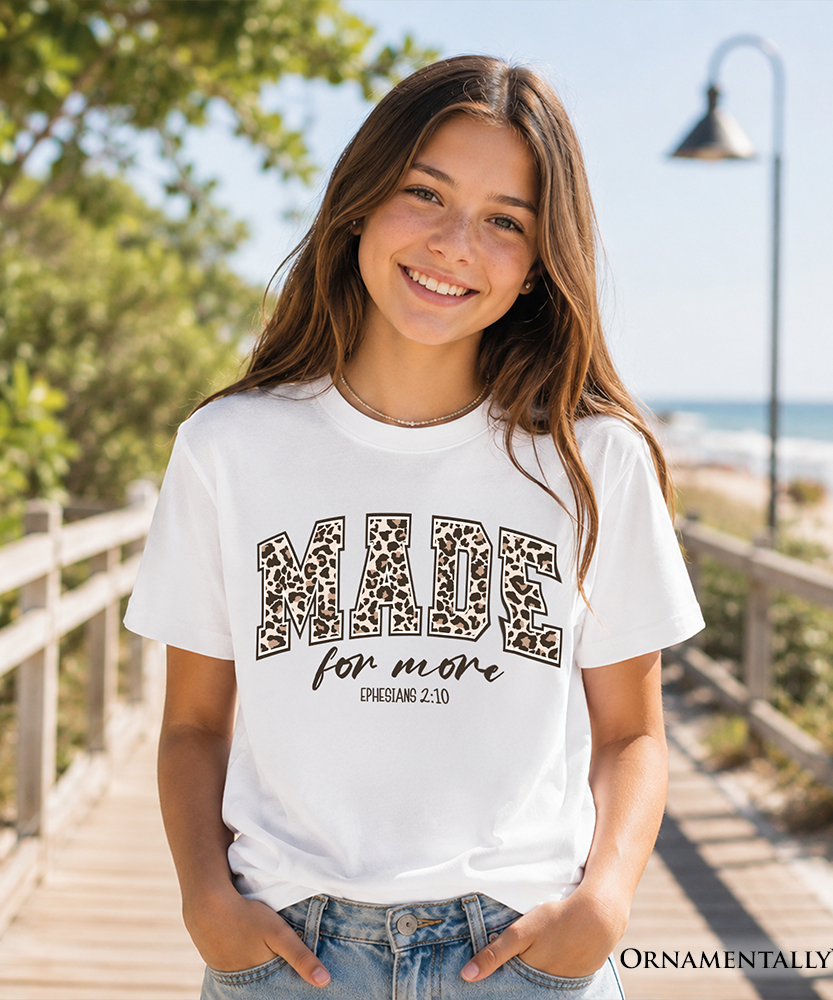 Made For More Kids Christian T-Shirt, Ephesians 2:10 Leopard Faith Bible Verse Easter Tee for Youth - Grazingbelles