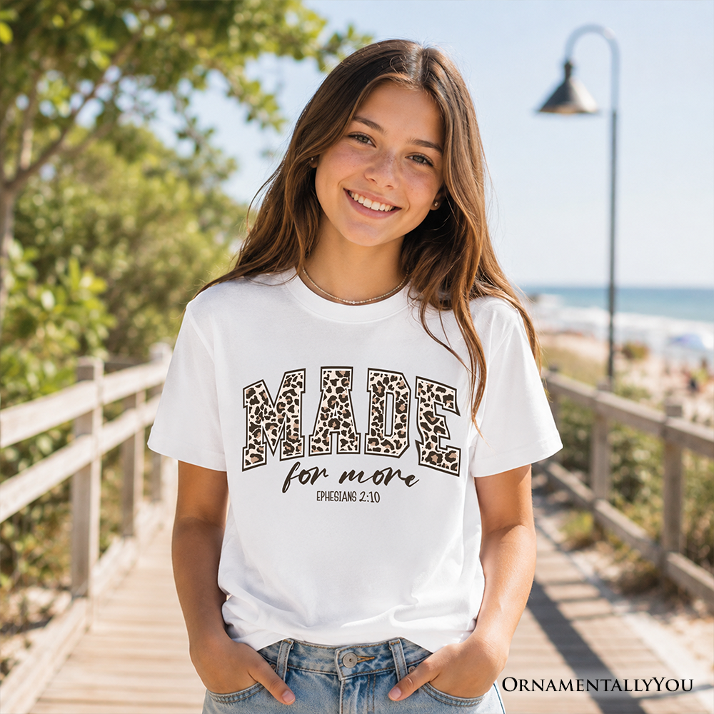 Made For More Kids Christian T-Shirt, Ephesians 2:10 Leopard Faith Bible Verse Easter Tee for Youth - Grazingbelles