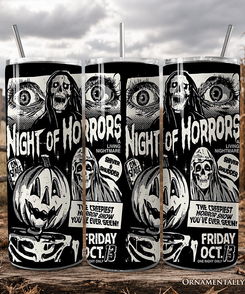 Night of Horrors Retro Halloween 20oz Personalized Tumbler With Lid and Stainless Steel Straw, Vintage Spooky Poster Gift Cup