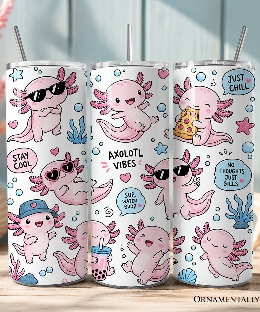 Pink Axolotl Vibe 20oz Personalized Tumbler With Lid and Stainless Steel Straw, Sea Animal Pattern Gift Cup - Grazingbelles