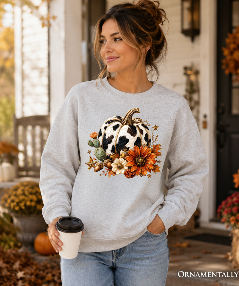 Cow Pumpkin Floral Sweatshirt, Western Autumn Harvest Sweater - Grazingbelles
