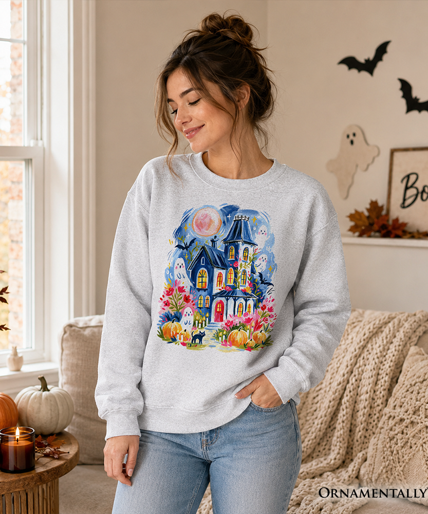 Watercolor Haunted House Sweatshirt, Colorful Ghost Pumpkin Halloween Sweater - Grazingbelles