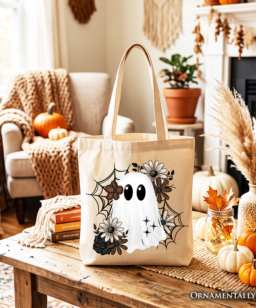 Floral Ghost Tote Bag, Neutral Boho Halloween Spider Web Gift Shopper - Grazingbelles