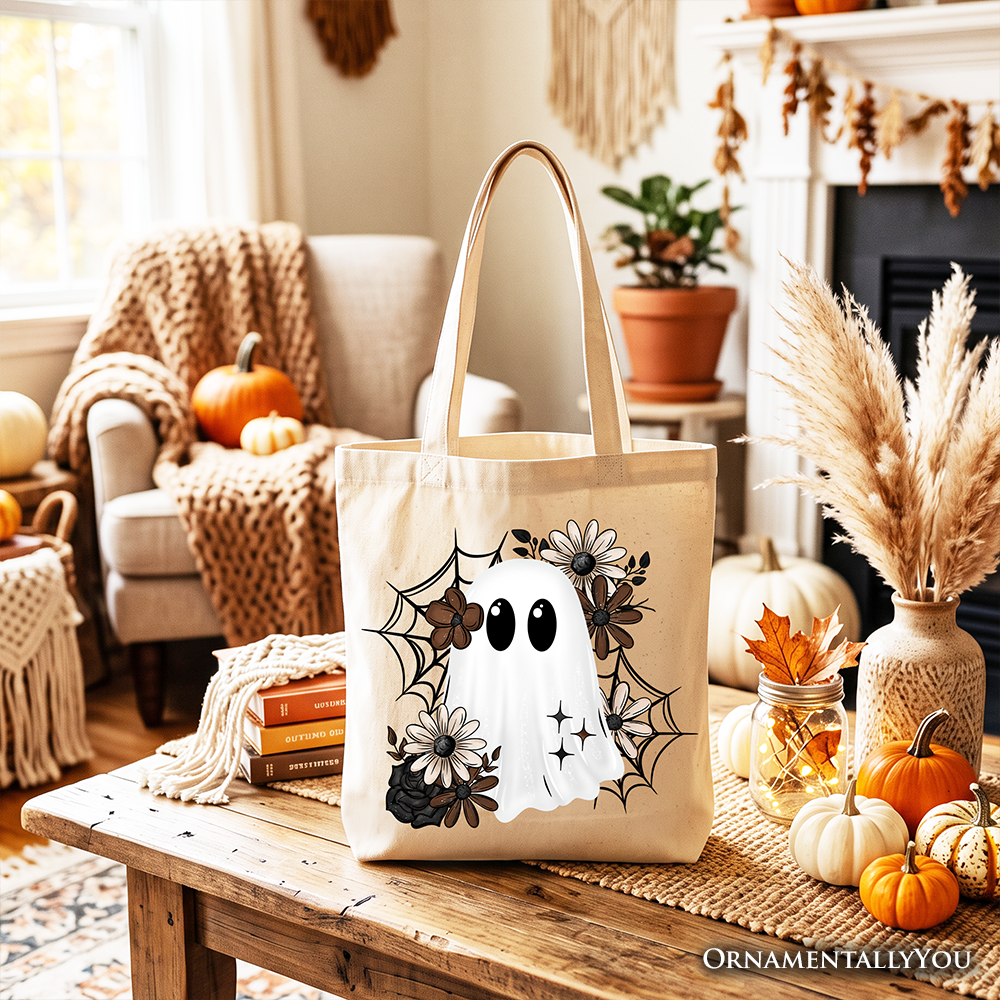 Floral Ghost Tote Bag, Neutral Boho Halloween Spider Web Gift Shopper - Grazingbelles