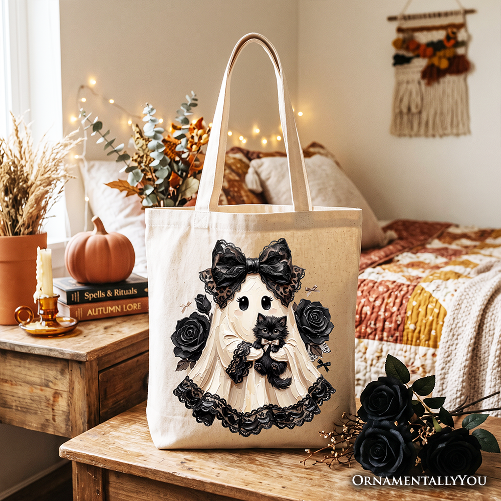 Gothic Ghost with Black Cat Tote Bag, Black Rose Coquette Halloween Gift Shopper - Grazingbelles