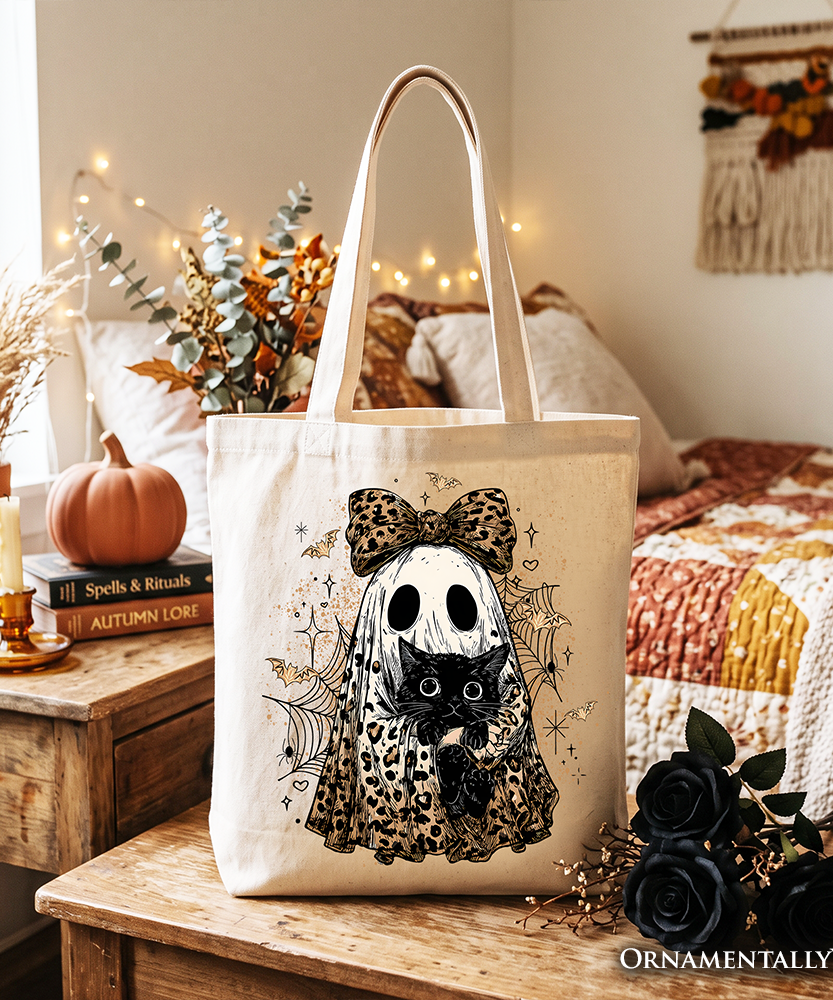 Leopard Bow Ghost with Black Cat Tote Bag, Spooky Halloween Spider Web Gift Shopper - Grazingbelles
