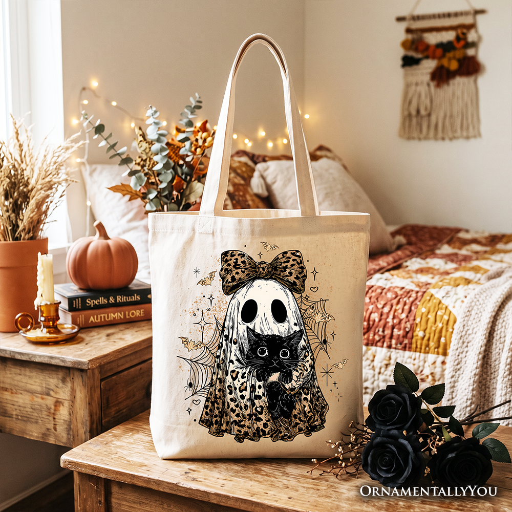Leopard Bow Ghost with Black Cat Tote Bag, Spooky Halloween Spider Web Gift Shopper - Grazingbelles
