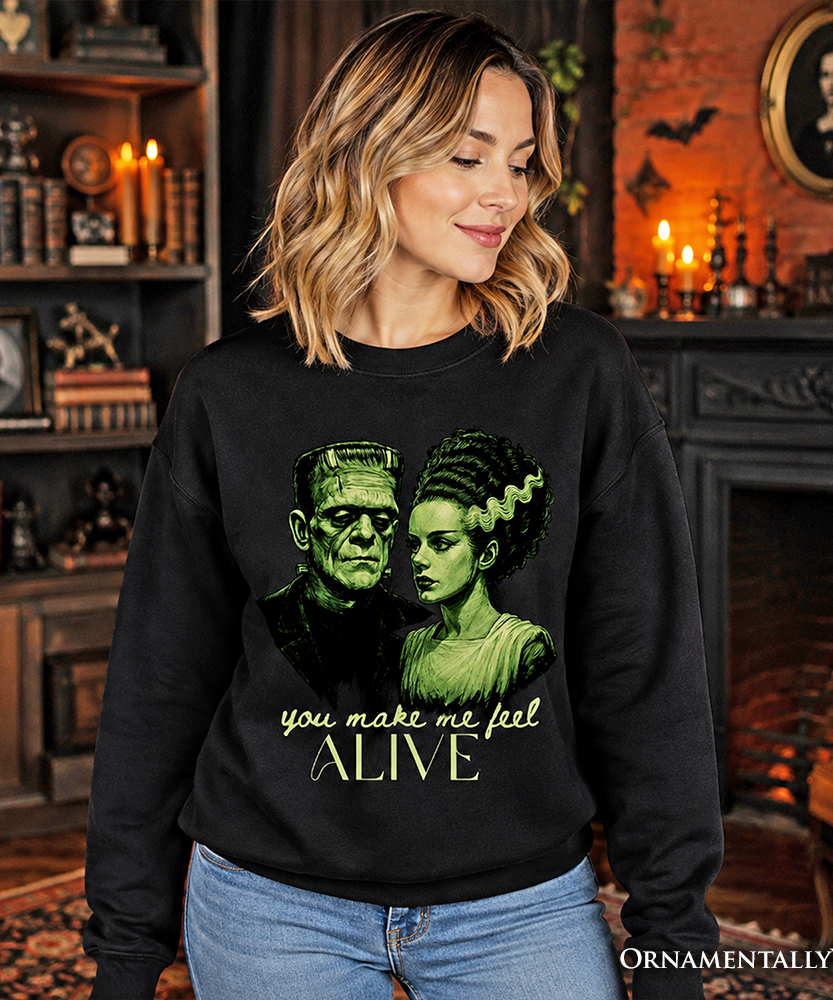 Frankenstein And Bride You Make Me Feel Alive Sweatshirt, Valentine Retro Horror Couples Love Sweater - Grazingbelles