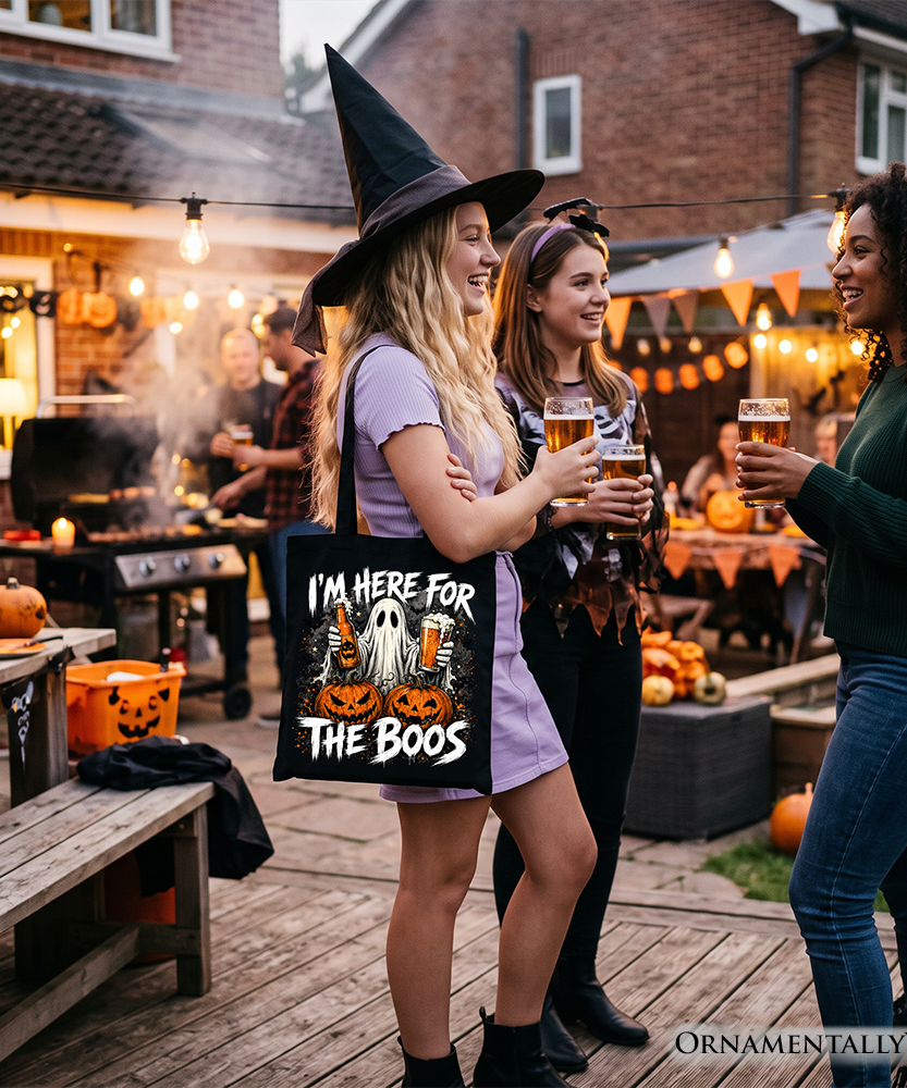 I’m Here for the Boos Ghost Tote Bag, Funny Halloween Beer Pumpkin Gift Shopper - Grazingbelles