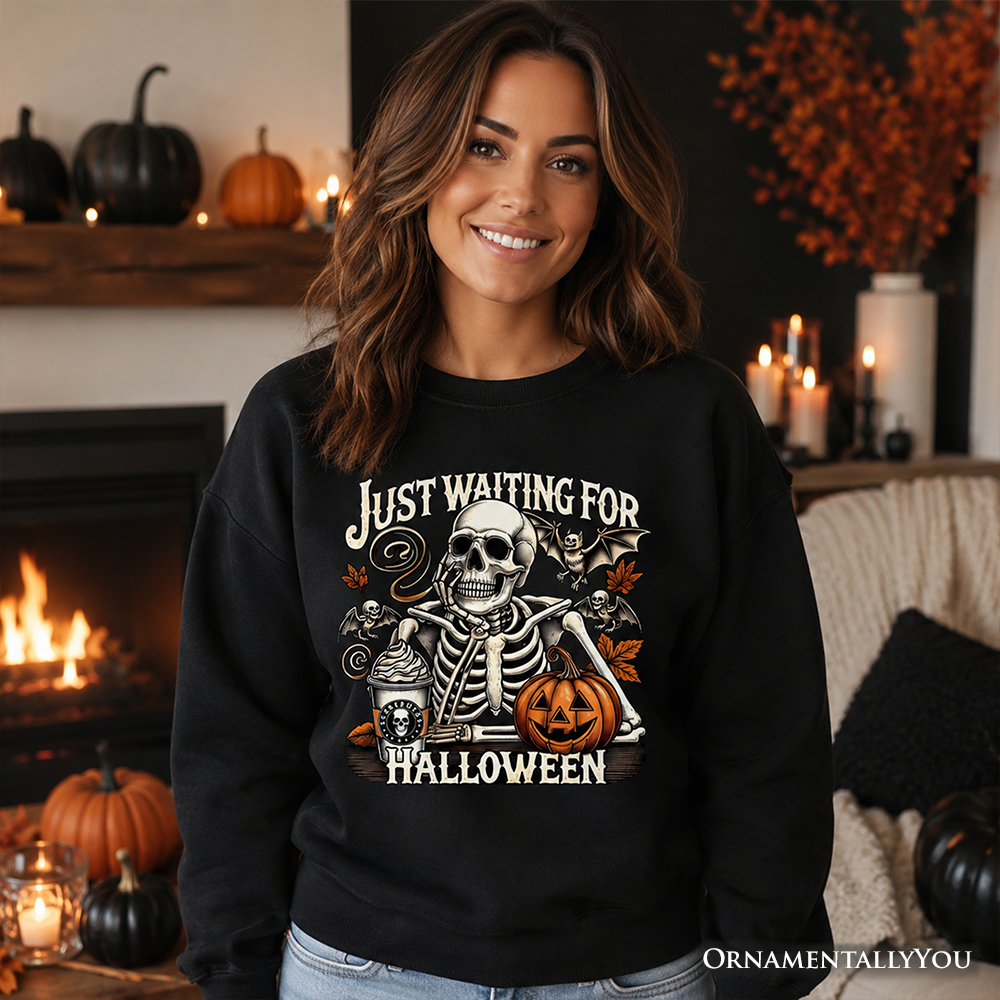 Just Waiting for Halloween Sweatshirt, Spooky Skeleton Sweater for Autumn Season - Grazingbelles