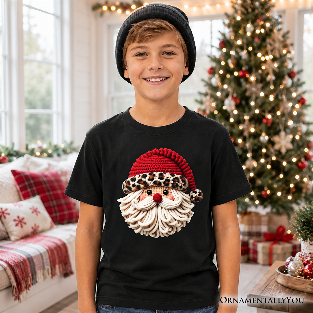 Kids Santa Leopard Hat Christmas T-Shirt, Imitation Latch Hook Yarn Cozy Youth Tee - Grazingbelles