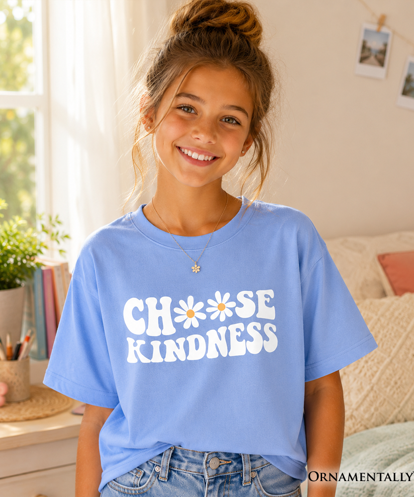 Choose Kindness Daisies Kids T-Shirt, Retro Groovy Positive Quote Tee for Youth - Grazingbelles