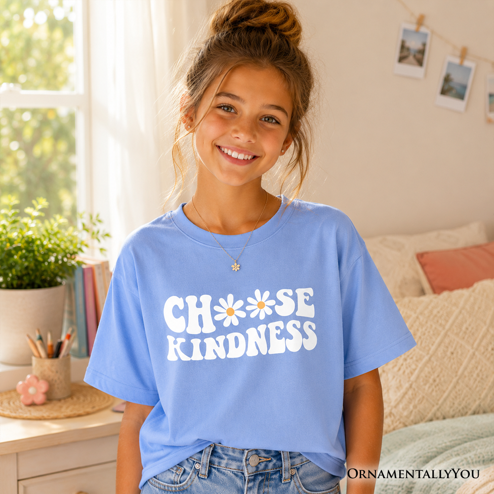Choose Kindness Daisies Kids T-Shirt, Retro Groovy Positive Quote Tee for Youth - Grazingbelles