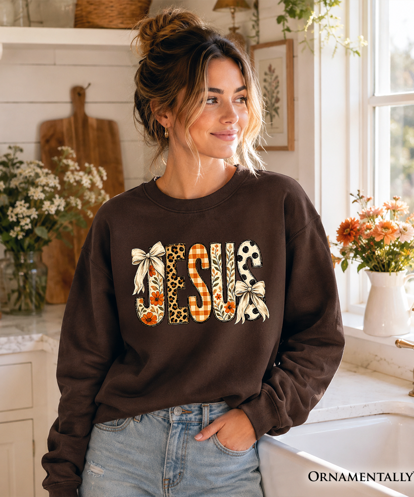 Jesus Coquette Fall Sweatshirt, Leopard Plaid Floral Christian Faith Sweater - Grazingbelles