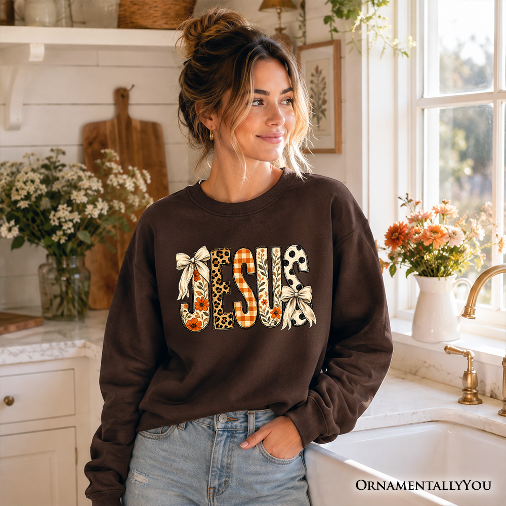 Jesus Coquette Fall Sweatshirt, Leopard Plaid Floral Christian Faith Sweater - Grazingbelles