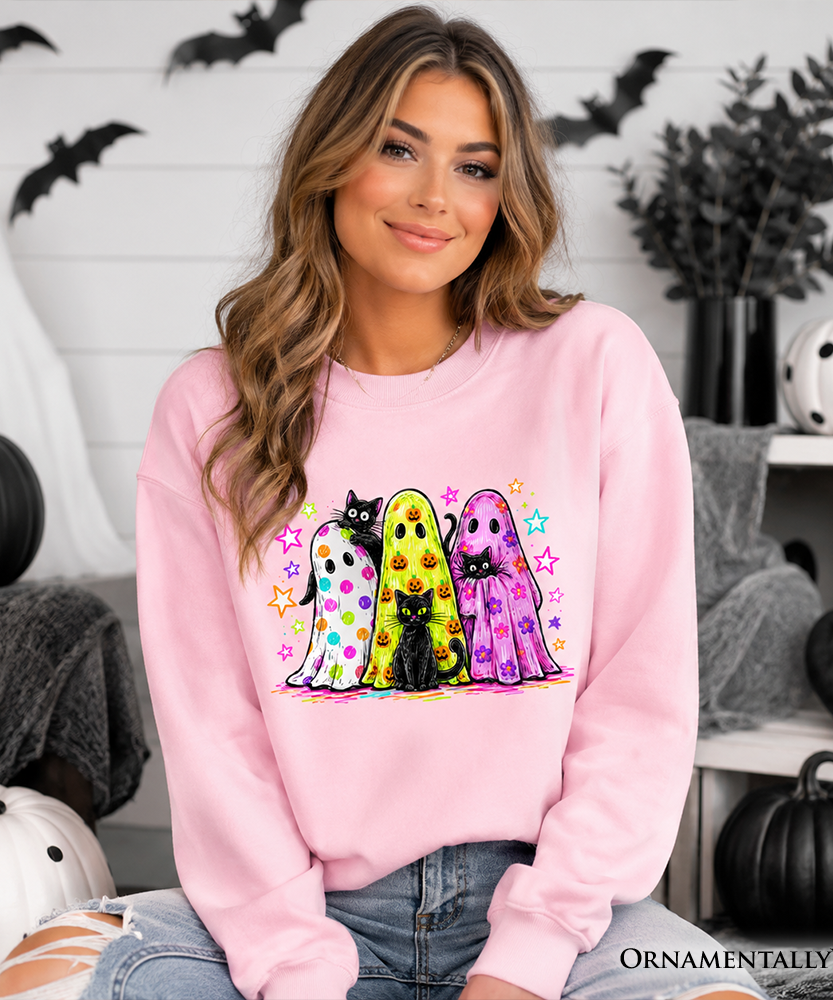 Colorful Ghosts and Black Cats Sweatshirt, Neon Halloween Spooky Season Sweater