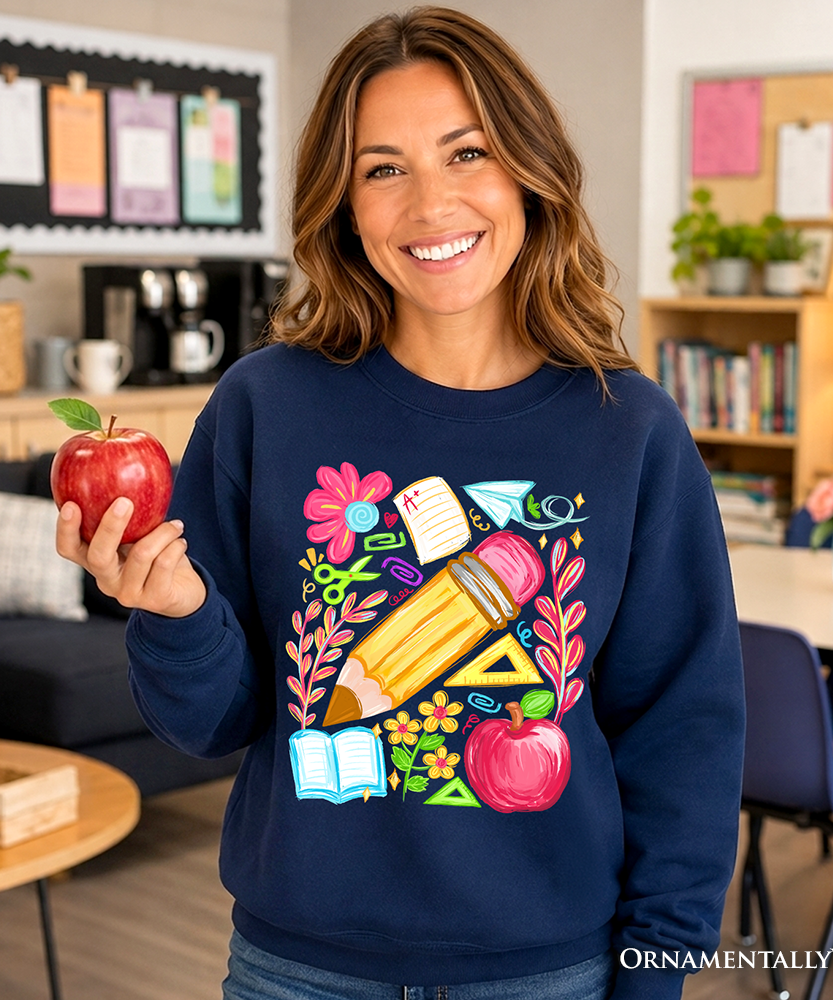 Floral Teacher Pencil Sweatshirt, Colorful Back to School Sweater