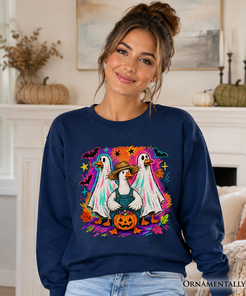 Trick or Treat Geese Sweatshirt, Colorful Halloween Ghost Costume Sweater