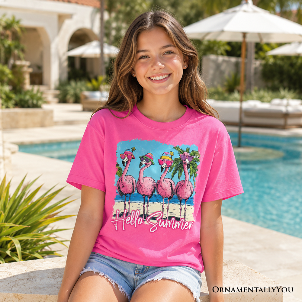 Kids Flamingo Hello Summer T-Shirt, Tropical Beach Vacation Youth Tee - Grazingbelles