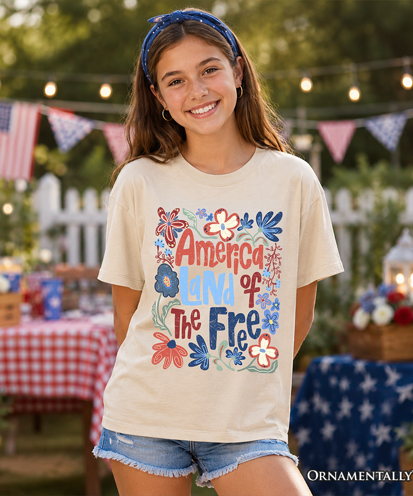 Kids America Land of the Free T-Shirt, Retro Youth Floral Independence Day Tee