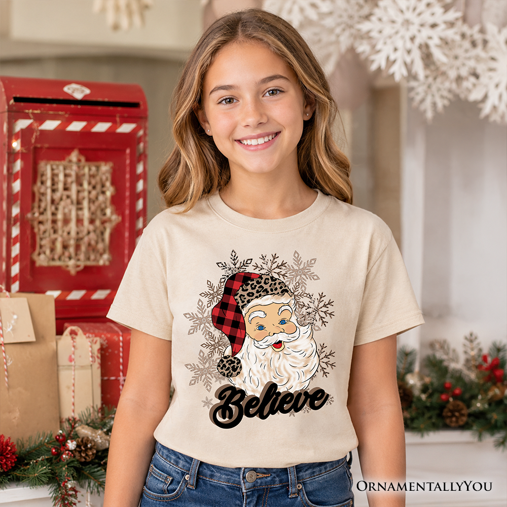 Kids Believe Santa Buffalo Plaid T-Shirt, Retro Christmas Youth Tee - Grazingbelles