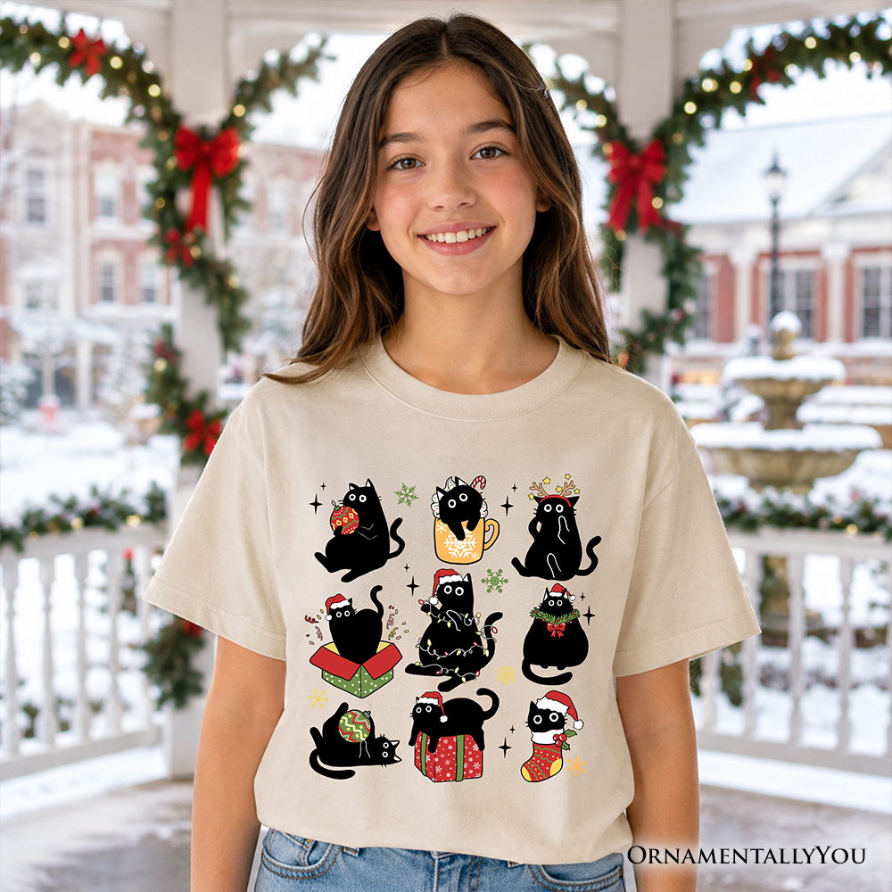 Kids Christmas Black Cats T-Shirt, Whimsical Cats with Santa Hat Youth Tee - Grazingbelles