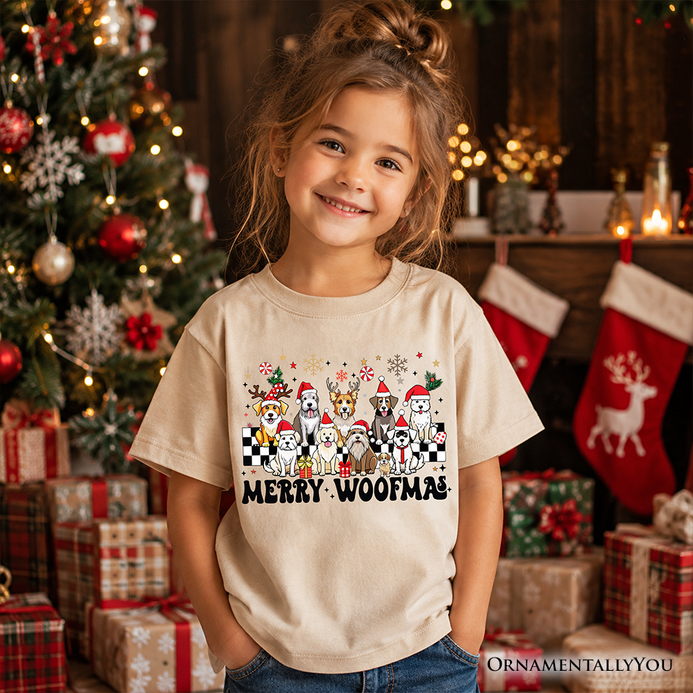 Kids Merry Woofmas Dog T-Shirt, Dogs With Santa Hats Christmas Youth Tee - Grazingbelles