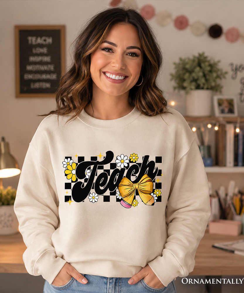 Teach Checkered Coquette Bow Sweatshirt, Retro Sweater for Trendy Teachers - Grazingbelles