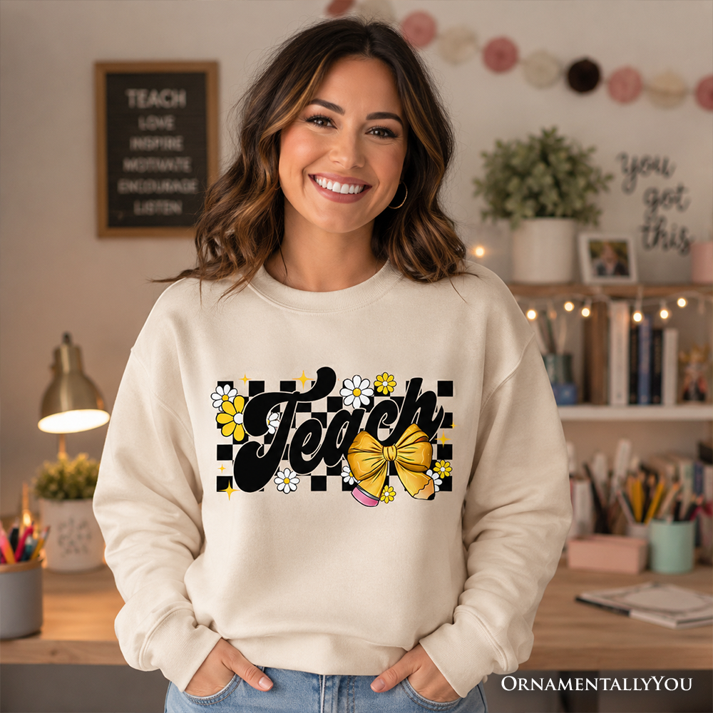 Teach Checkered Coquette Bow Sweatshirt, Retro Sweater for Trendy Teachers - Grazingbelles