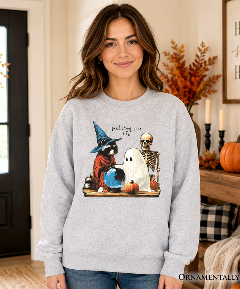Predicting Your Life Witch Racoon Sweatshirt, Vintage Halloween Ghost Skeleton Fortune Teller Sweater - Grazingbelles