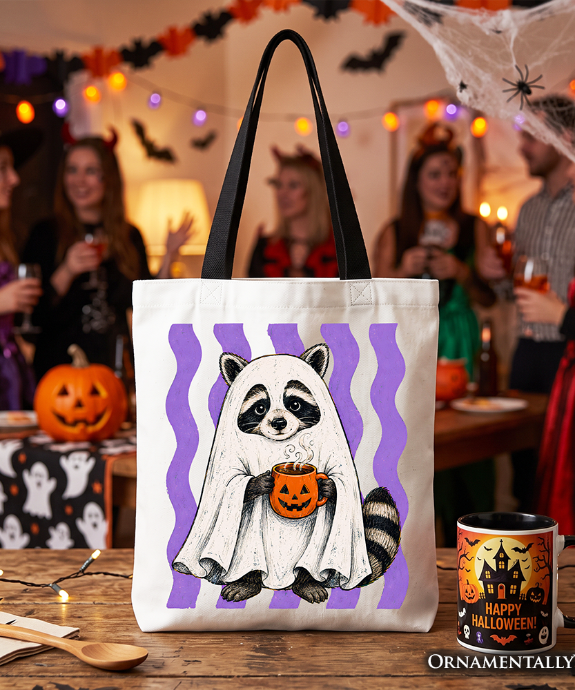 Ghost Costume Raccoon Tote Bag, Halloween Pumpkin Coffee Mug Gift Shopper - Grazingbelles