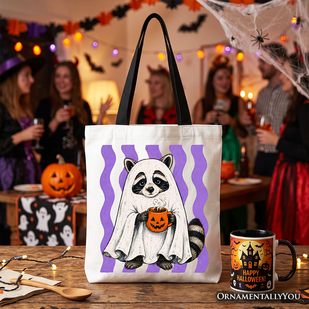 Ghost Costume Raccoon Tote Bag, Halloween Pumpkin Coffee Mug Gift Shopper - Grazingbelles