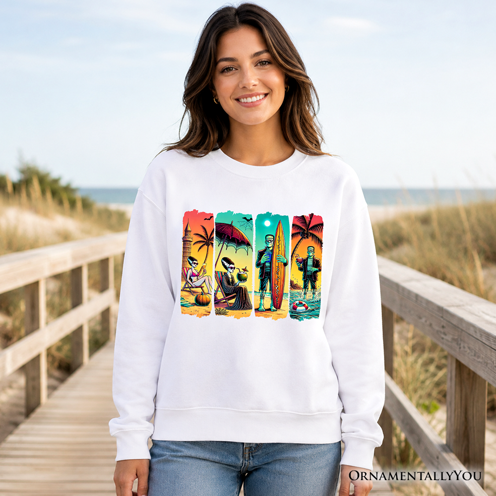 Frankenstein's Beach Vacation Sweatshirt, Retro Neon Surf Style Sweater for Horror Fans with Summer Vibes - Grazingbelles