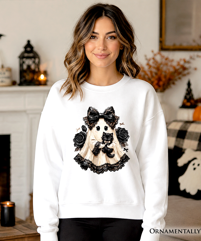 Gothic Ghost with Black Cat Sweatshirt, Black Rose Coquette Halloween Sweater - Grazingbelles