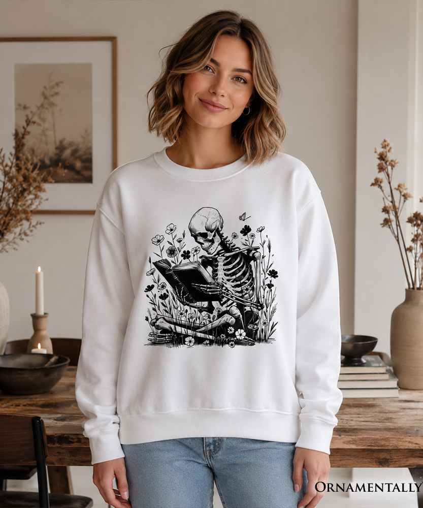 Gothic Reading Skeleton Sweatshirt, Floral Halloween Sweater for Spooky Bookworms - Grazingbelles