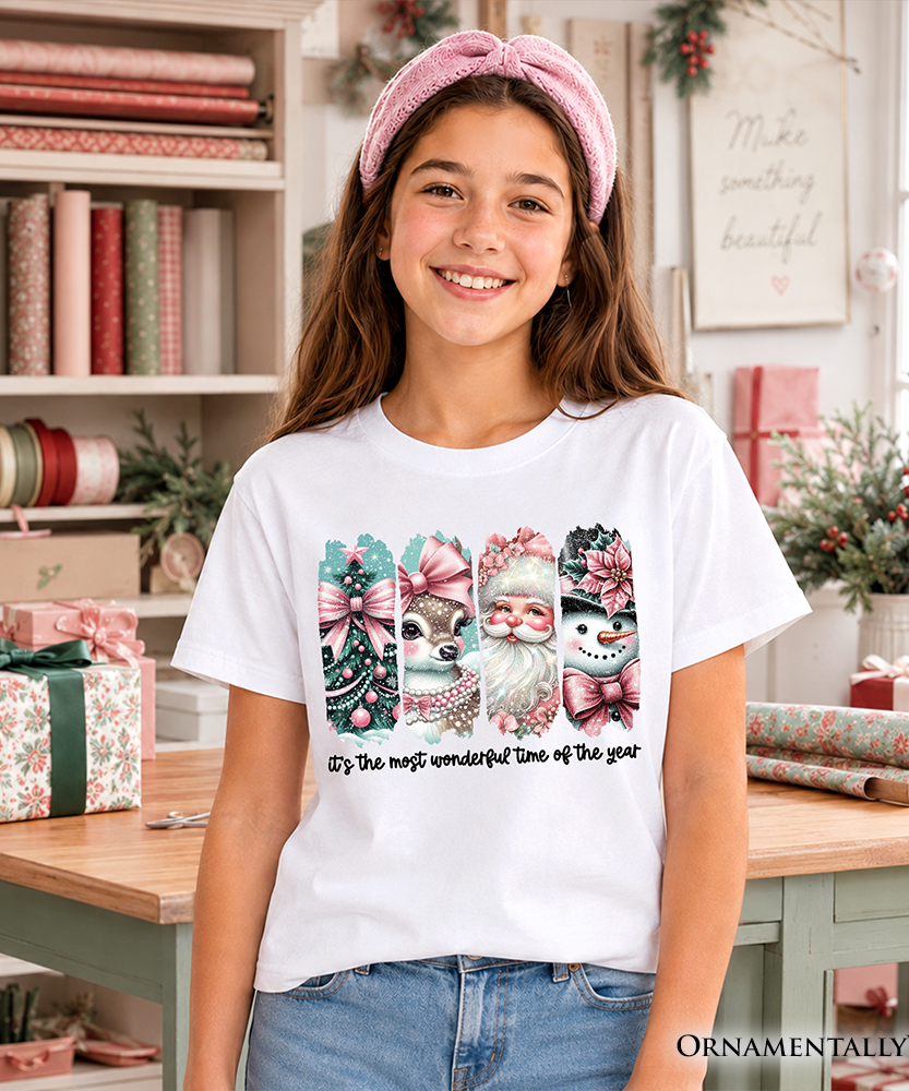 Kids Coquette Pink Christmas T-Shirt, It's The Most Wonderful Time Of The Year Vintage Tree, Reindeer, Santa and Snowman Youth Tee