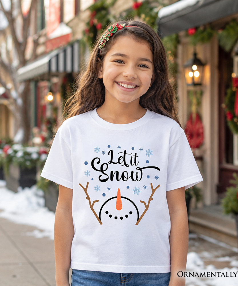 Kids Let It Snow Snowman T-Shirt, Snowflakes Minimalist Youth Tee for Winter Holiday Season