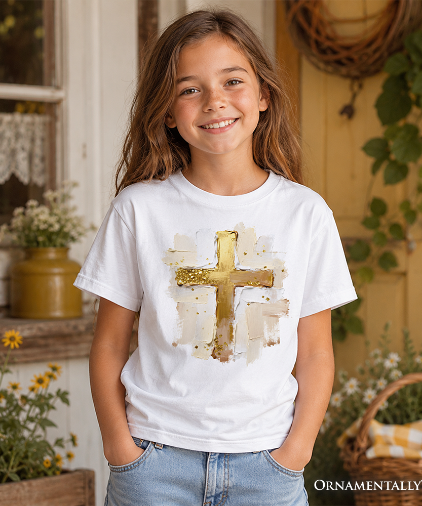 Kids Oil Brushstroke Cross T-Shirt, Christian Faith Jesus Easter Tee for Youth