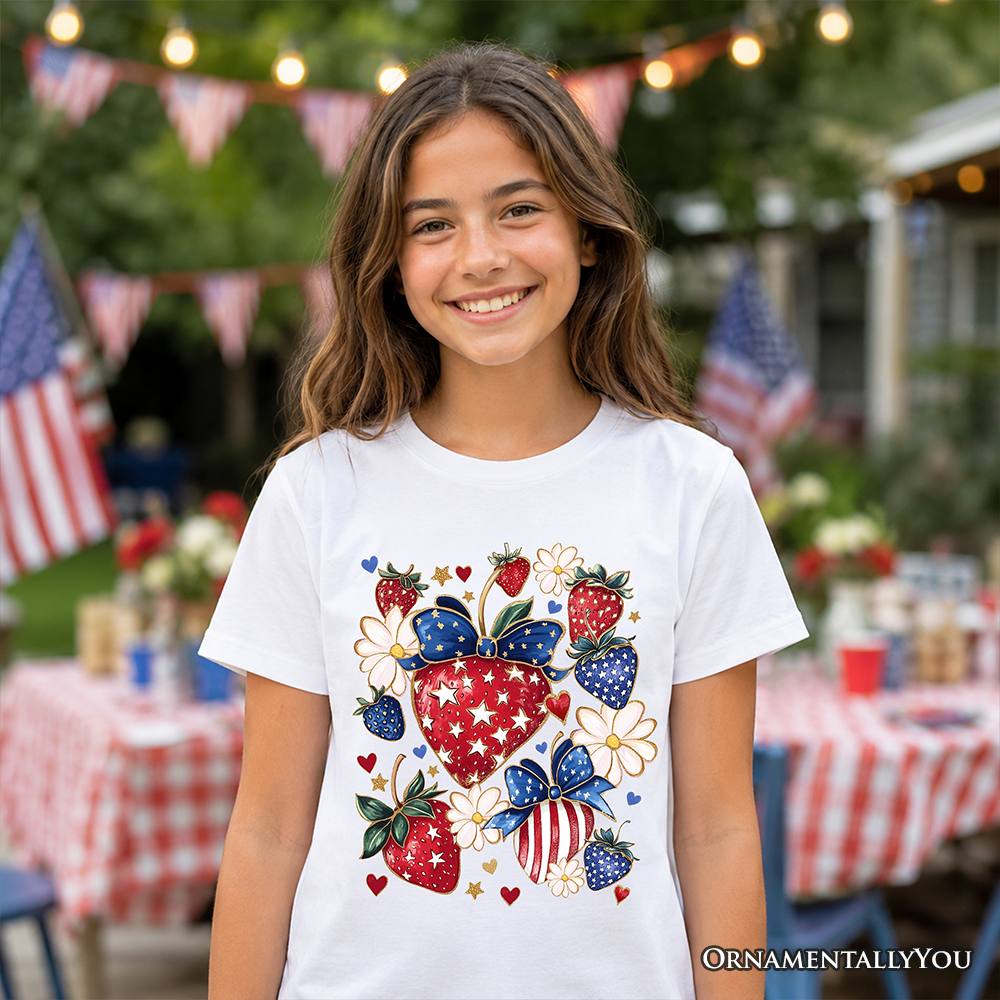 Kids Patriotic Boho Strawberries Bouquet T-Shirt, Youth 4th of July Festive Patch Tee - Grazingbelles