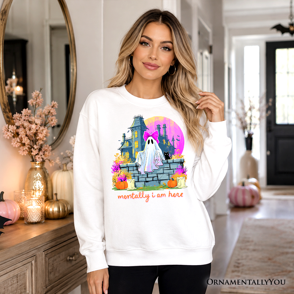 Mentally I Am Here Ghost Sweatshirt, Pink Bow Haunted House Halloween Sweater - Grazingbelles