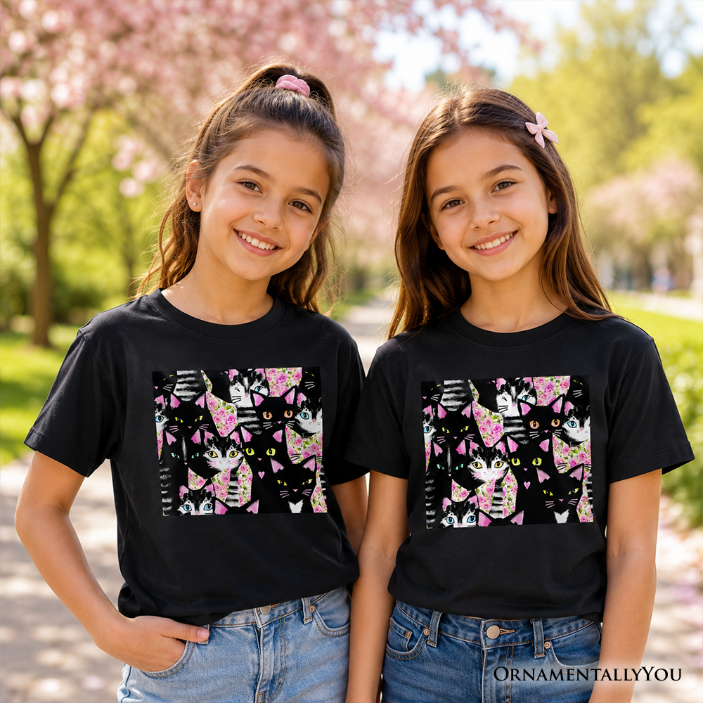 Floral Cat Pattern Kids T-Shirt, Cute Kitten Collage Tee for Youth Girls - Grazingbelles