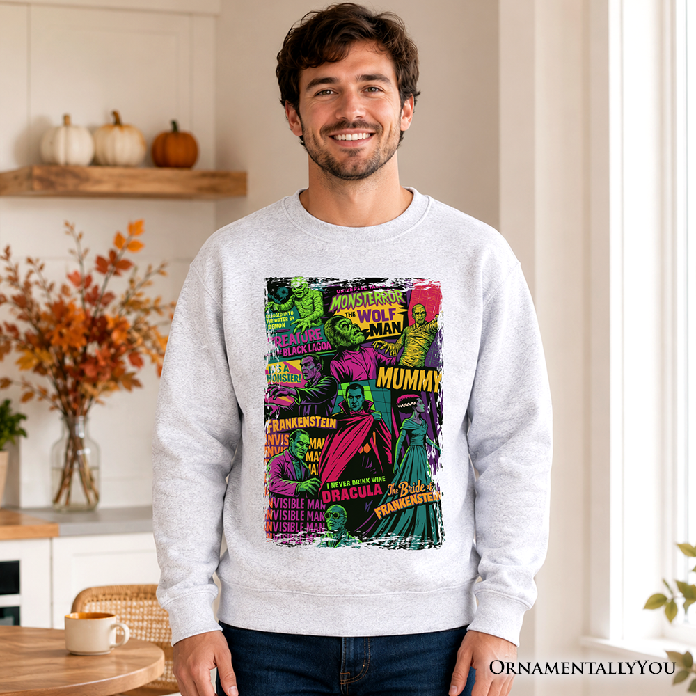 Horror Comic Classic Monsters Sweatshirt, Vintage Scary Halloween Sweater - Grazingbelles